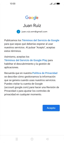Pulsa Acepto y sigue las indicaciones de la pantalla para seleccionar los ajustes de tu cuenta de Google.