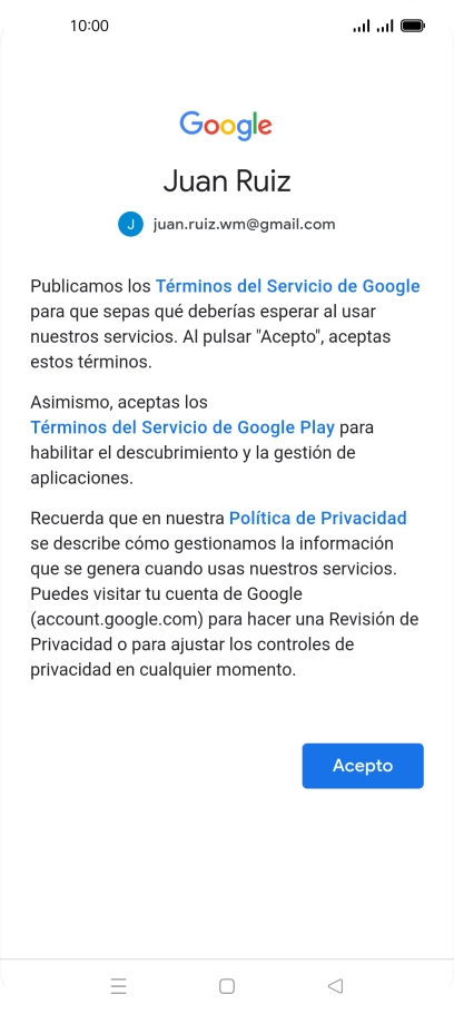 Pulsa Acepto y sigue las indicaciones de la pantalla para seleccionar los ajustes de tu cuenta de Google.
