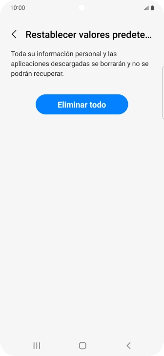 Pulsa Eliminar todo. Espera unos instantes mientras el teléfono restablece la configuración predeterminada. Sigue las indicaciones de la pantalla para configurar el teléfono y dejarlo listo para su uso.
