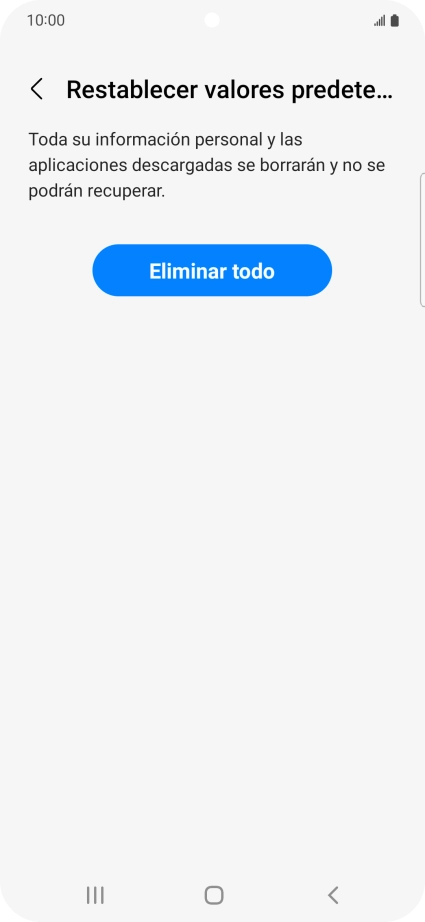 Pulsa Eliminar todo. Espera unos instantes mientras el teléfono restablece la configuración predeterminada. Sigue las indicaciones de la pantalla para configurar el teléfono y dejarlo listo para su uso.
