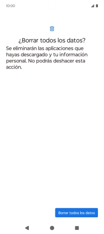 Pulsa Borrar todos los datos. Espera unos instantes mientras el teléfono restablece la configuración predeterminada. Sigue las indicaciones de la pantalla para configurar el teléfono y dejarlo listo para su uso.