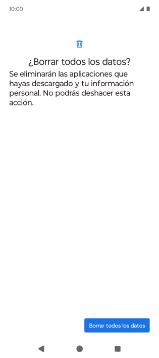 Pulsa Borrar todos los datos. Espera unos instantes mientras el teléfono restablece la configuración predeterminada. Sigue las indicaciones de la pantalla para configurar el teléfono y dejarlo listo para su uso.