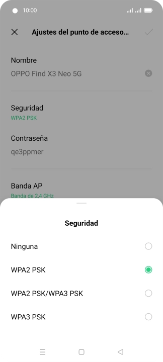 Pulsa WPA3 PSK para proteger la conexión wifi con una contraseña.