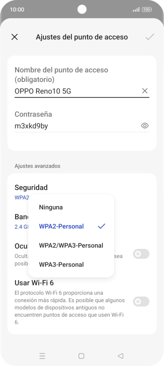 Pulsa WPA3-Personal para proteger la conexión wifi con una contraseña.