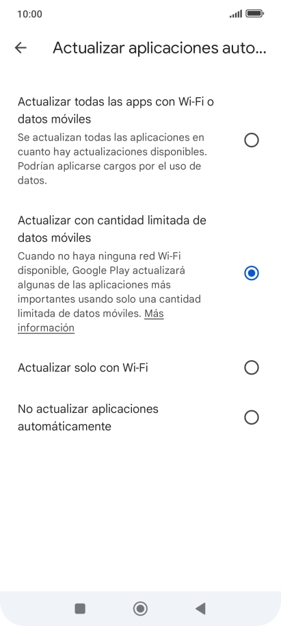 Para activar la actualización automática de apps utilizando la red móvil, pulsa Actualizar todas las apps con Wi-Fi o datos móviles.