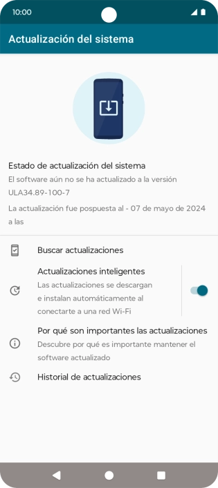 Pulsa Buscar actualizaciones. Si hay una versión de software nueva disponible, aparecerá ahora en la pantalla. Sigue las indicaciones de la pantalla para actualizar el software del teléfono.