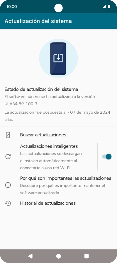 Pulsa Buscar actualizaciones. Si hay una versión de software nueva disponible, aparecerá ahora en la pantalla. Sigue las indicaciones de la pantalla para actualizar el software del teléfono.