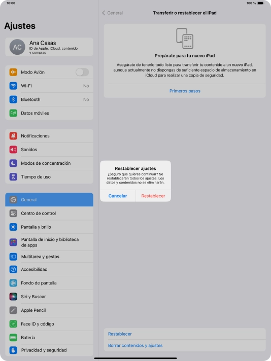 Pulsa Restablecer. Espera unos instantes mientras la tablet restablece la configuración predeterminada. Sigue las indicaciones de la pantalla para configurar la tablet y dejarla lista para su uso.