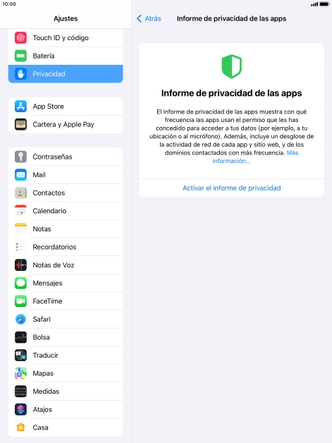 Pulsa Activar el informe de privacidad para activar la función.
