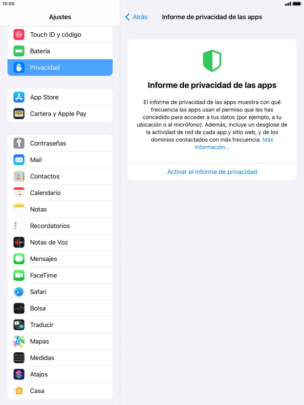 Pulsa Activar el informe de privacidad para activar la función.