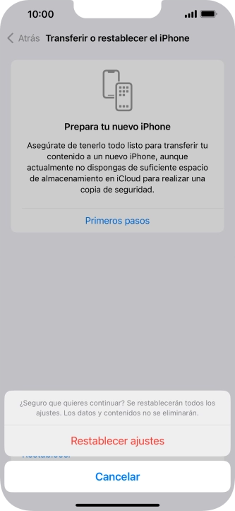 Pulsa Restablecer ajustes. Espera unos instantes mientras el teléfono restablece la configuración predeterminada. Sigue las indicaciones de la pantalla para configurar el teléfono y dejarlo listo para su uso.