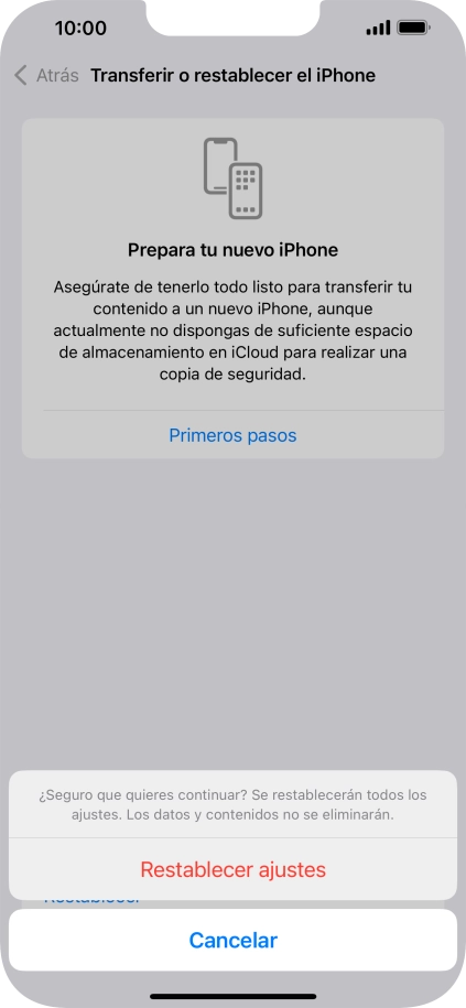 Pulsa Restablecer ajustes. Espera unos instantes mientras el teléfono restablece la configuración predeterminada. Sigue las indicaciones de la pantalla para configurar el teléfono y dejarlo listo para su uso.
