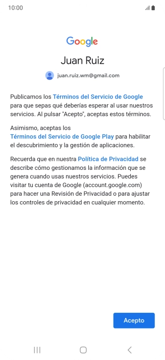 Pulsa Acepto y sigue las indicaciones de la pantalla para seleccionar los ajustes de tu cuenta de Google.