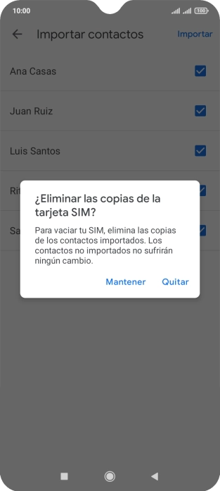 Si deseas conservar los contactos importados en la tarjeta SIM, pulsa Mantener.