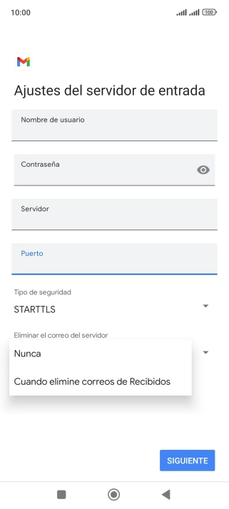 Pulsa Nunca para conservar los correos electrónicos en el servidor cuando los borras del teléfono.