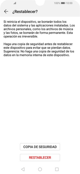 Pulsa RESTABLECER. Espera unos instantes mientras el teléfono restablece la configuración predeterminada. Sigue las indicaciones de la pantalla para configurar el teléfono y dejarlo listo para su uso.