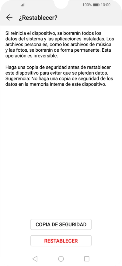Pulsa RESTABLECER. Espera unos instantes mientras el teléfono restablece la configuración predeterminada. Sigue las indicaciones de la pantalla para configurar el teléfono y dejarlo listo para su uso.