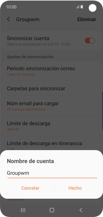 Introduce el nombre deseado de la cuenta de correo electrónico y pulsa Hecho.