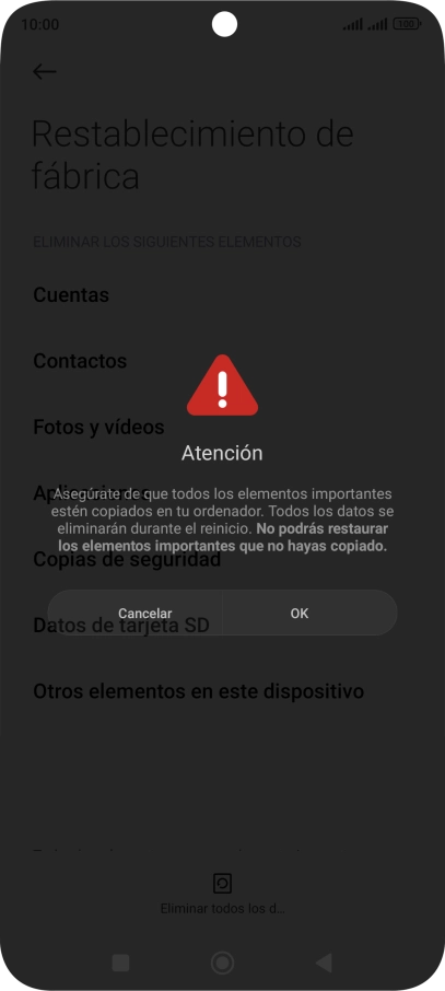 Pulsa OK. Espera unos instantes mientras el teléfono restablece la configuración predeterminada. Sigue las indicaciones de la pantalla para configurar el teléfono y dejarlo listo para su uso.