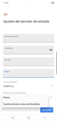 Pulsa Nunca para conservar los correos electrónicos en el servidor cuando los borras del teléfono.