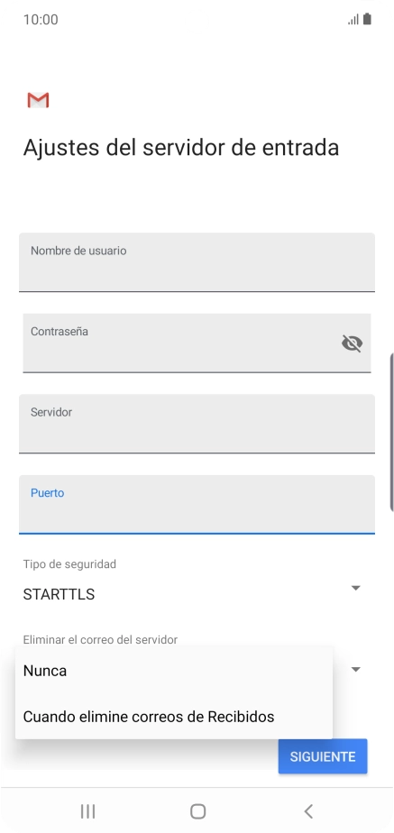 Pulsa Nunca para conservar los correos electrónicos en el servidor cuando los borras del teléfono.