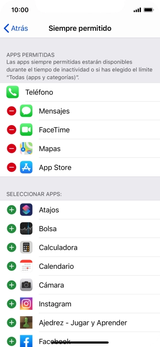 Pulsa el icono de eliminar junto a la app deseada para borrarla de la lista de apps permitidas bajo el tiempo de inactividad de pantalla.