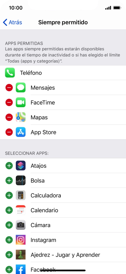 Pulsa el icono de eliminar junto a la app deseada para borrarla de la lista de apps permitidas bajo el tiempo de inactividad de pantalla.
