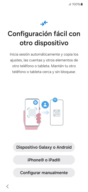 Pulsa la opción deseada para transferir contenido desde otro dispositivo y pulsa Configurar manualmente.