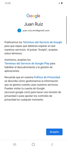 Pulsa Acepto y sigue las indicaciones de la pantalla para seleccionar los ajustes de tu cuenta de Google.