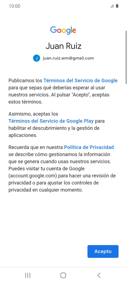 Pulsa Acepto y sigue las indicaciones de la pantalla para seleccionar los ajustes de tu cuenta de Google.
