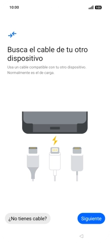 Si tienes un cable que pueda conectar ambos teléfonos, inserta el cable y sigue las instrucciones de la pantalla para transferir contenido a tu teléfono. Si no tienes un cable, pulsa ¿No tienes cable?.