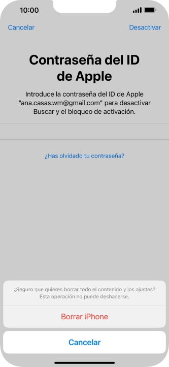 Introduce la contraseña de tu ID de Apple y pulsa Borrar iPhone. Espera unos instantes mientras el teléfono restablece la configuración predeterminada. Sigue las indicaciones de la pantalla para configurar el teléfono y dejarlo listo para su uso.