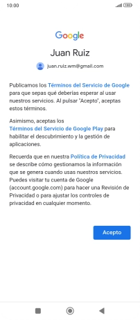 Pulsa Acepto y sigue las indicaciones de la pantalla para seleccionar los ajustes de tu cuenta de Google.