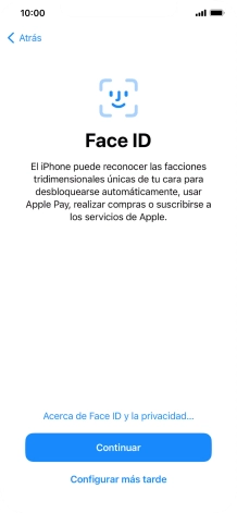Sigue las indicaciones de la pantalla para activar el uso del reconocimiento facial (Face ID) o pulsa Configurar más tarde.