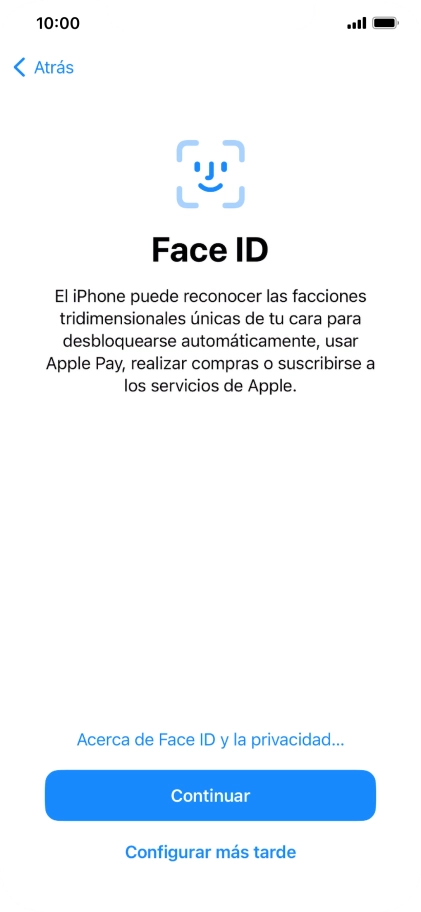 Sigue las indicaciones de la pantalla para activar el uso del reconocimiento facial (Face ID) o pulsa Configurar más tarde.
