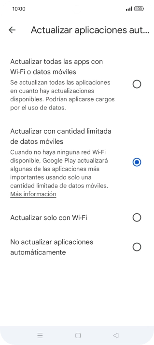 Para activar la actualización automática de apps utilizando la red móvil, pulsa Actualizar todas las apps con Wi-Fi o datos móviles.