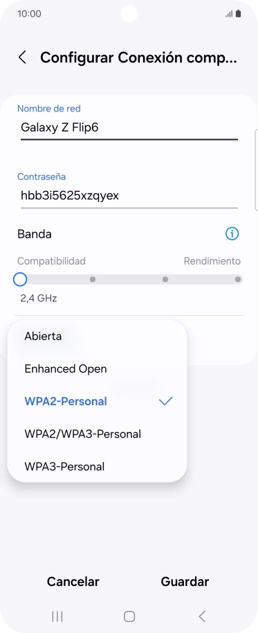 Pulsa WPA3-Personal para proteger la conexión wifi con una contraseña.