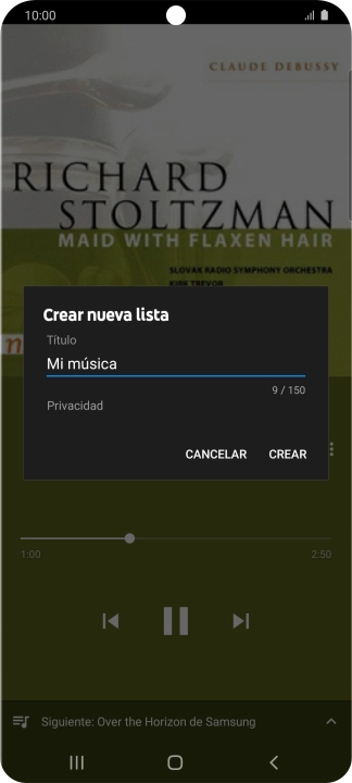 Introduce el nombre deseado de la lista de reproducción y pulsa CREAR.