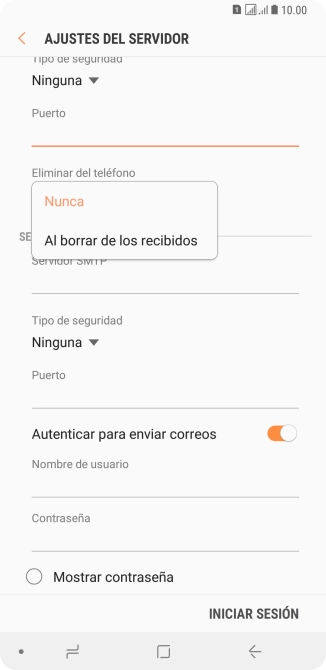 Pulsa Nunca para conservar los correos electrónicos en el servidor cuando los borras del teléfono.