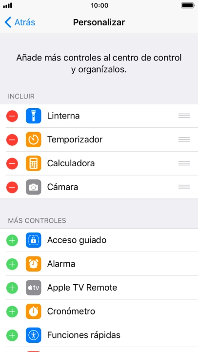 Pulsa el icono de eliminar junto a la función deseada para eliminarla del Centro de control.