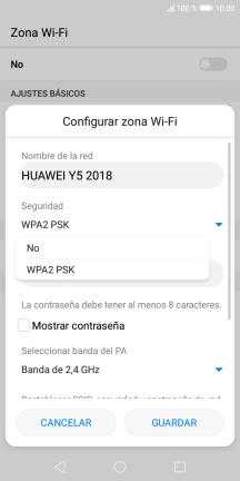 Pulsa WPA2 PSK para proteger la conexión wifi con una contraseña.