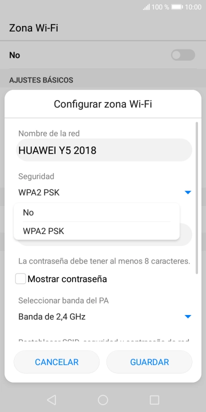 Pulsa WPA2 PSK para proteger la conexión wifi con una contraseña.