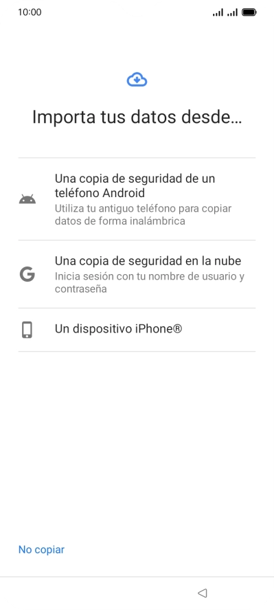 Pulsa el ajuste deseado y sigue las instrucciones de la pantalla para transferir el contenido del otro teléfono.