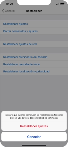 Pulsa Restablecer ajustes. Espera unos instantes mientras el teléfono restablece la configuración predeterminada. Sigue las indicaciones de la pantalla para configurar el teléfono y dejarlo listo para su uso.