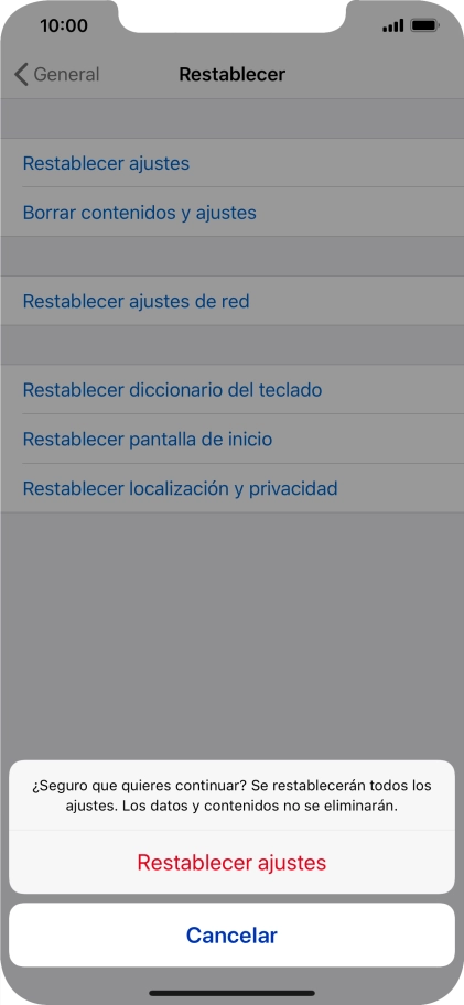 Pulsa Restablecer ajustes. Espera unos instantes mientras el teléfono restablece la configuración predeterminada. Sigue las indicaciones de la pantalla para configurar el teléfono y dejarlo listo para su uso.