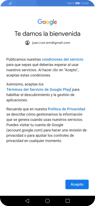 Pulsa Acepto y sigue las indicaciones de la pantalla para seleccionar los ajustes de tu cuenta de Google.