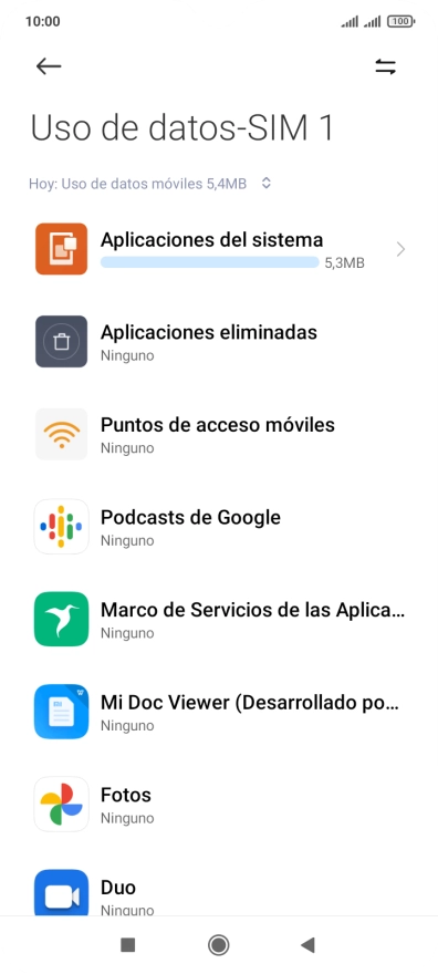 El consumo de datos por cada aplicación aparece bajo el nombre de la aplicación.