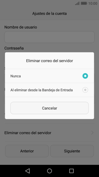 Pulsa Nunca para conservar los correos electrónicos en el servidor cuando los borras del teléfono.
