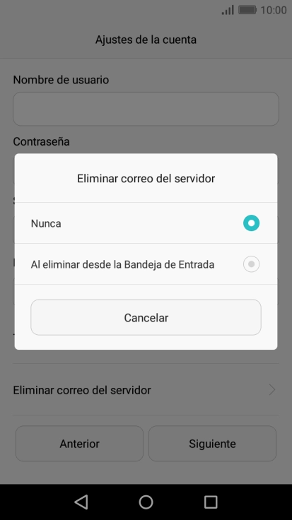 Pulsa Nunca para conservar los correos electrónicos en el servidor cuando los borras del teléfono.