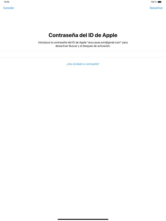 Introduce la contraseña de tu ID de Apple y pulsa Desactivar. Espera unos instantes mientras la tablet restablece la configuración predeterminada. Sigue las indicaciones de la pantalla para configurar la tablet y dejarla lista para su uso.